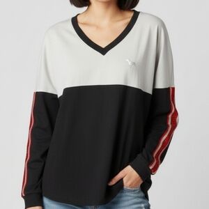 PINK VS Women's Small V-Neck Long Sleeve Tee with Red Stripes And Sequin Logo